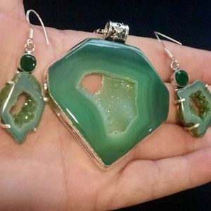 Botswana Agate Druzy Huge 925 Stamped Sterling Silver Necklace + Earrings set.